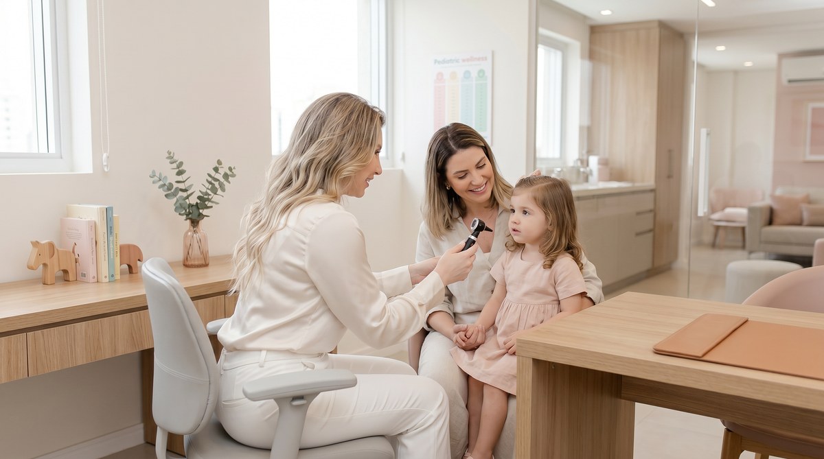 Dra. Giuliana Graicer atendendo paciente pediátrica com mãe
